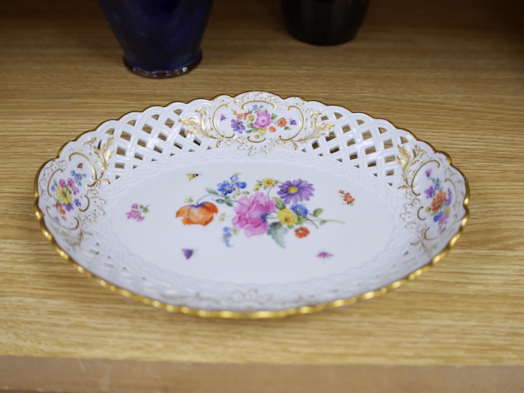 A Doulton stoneware vase, Meissen floral dish and another pot, largest 26cm wide. Condition - good